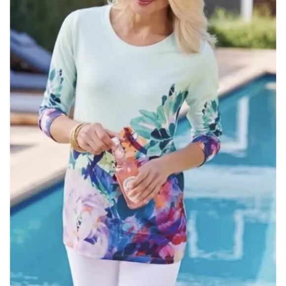 Soft Surroundings Floral Tunic Top Pasaia Aqua Stretch Long Sleeve Women’s Sz 1X - Picture 2 of 11